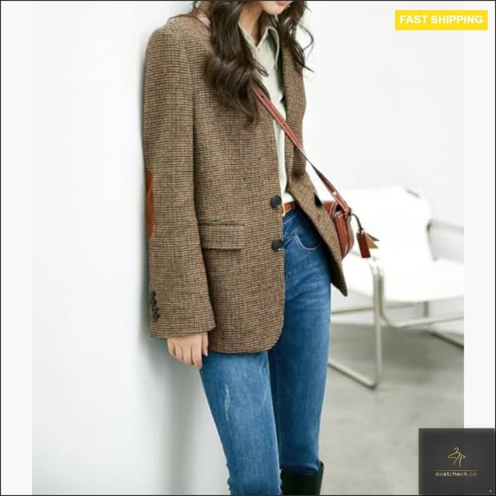 Wool Blend Blazer Classic Plaid Business Casual Work Coat Elegant Retro - Picture 5 of 7